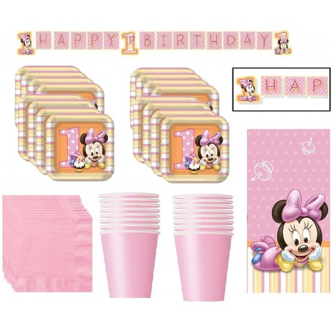 Minnie Mouse Pink 1st Birthday Party Supplies Bunde Pack Includes Plates Cups Napkins Table Cover for 16 Guests