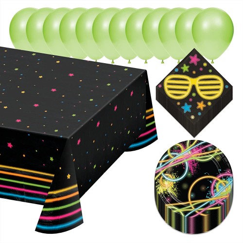 Neon Glow Party Pack Paper Dessert Plates Napkins Balloons and Table Cover Set Serves 16