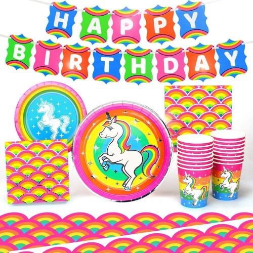 Rainbow Unicorns Party Supplies AZ-16 Pack Includes 71-Piece Set for 16 Guests Unicorn Plates Cups Napkins & Tablecloth|Girls Birthday Decorations Baby Shower Pride Flag Theme or Kids Gifts