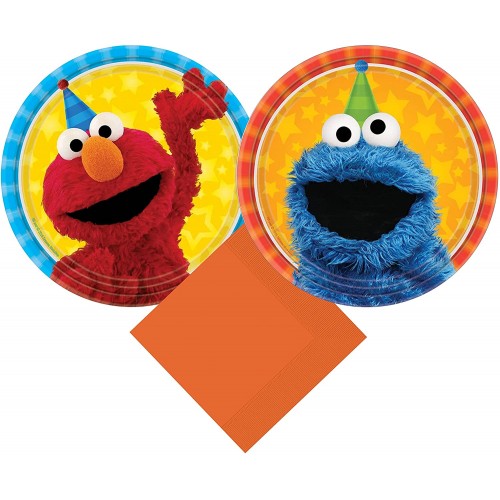 Sesame Street Elmo and Cookie Monster Party Supplies Pack w  Cake Plates and Napkins for 16 Guests