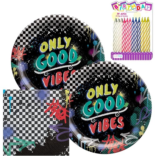 Skater Party Supplies Pack Serves 16: Dessert Plates and Beverage Napkins with Birthday Candles Bundle for 16
