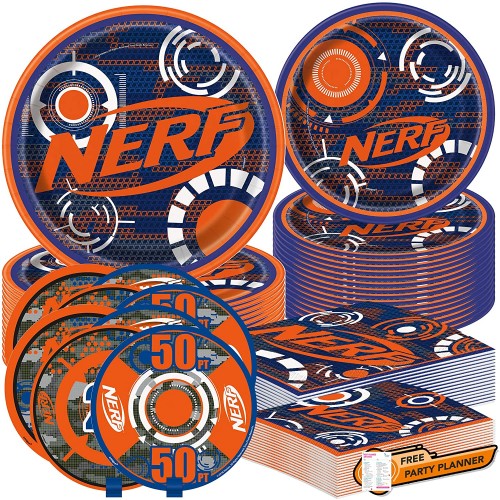 Unique Nerf Dinnerware Party Bundle for 16 | Luncheon & Beverage Napkins Dinner & Dessert Plates Table Cover Centerpieces | Kid's Birthday Party