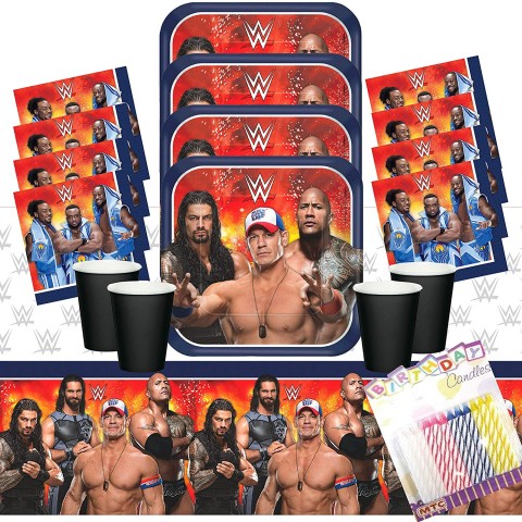 WWE Wrestling Party Plates Napkins Cups and Table Cover Serves 16 with Birthday Candles WWE Party Supplies Pack Bundle for 16