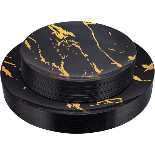 YOUBET 60pcs Black Plastic Plates with Gold -New Year Disposable Plates for Upscale Parties-including 30Plastic Dinner Plates 10.25inch,30Salad Plates 7.5inch