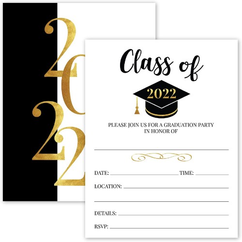 25- 2022 Gold & Black Graduation Party Invitations with Envelopes for 2022 College High School University Grad Celebration or Announcement- Invite Cards Fill In Style- Party Decorations Supplies