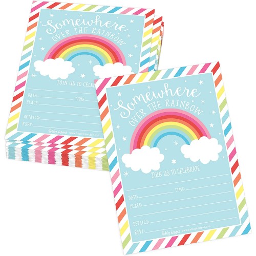 25 Rainbow Stars Color Cloud Colorful Sparkle Party Invitations Striped Colored Pastel Girls Invite Ideas Kids Adults Birthday Supplies Baby or Bridal Shower Gender Reveal Card Printable Template