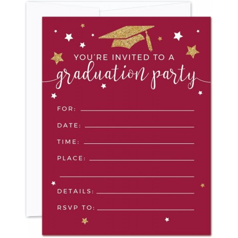 Andaz Press Burgundy Maroon and Gold Glittering Graduation Party Collection Blank Invitations with Envelopes 20-Pack