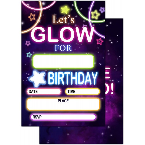 Birthday Party Invitation Cards for Teens Glow Party Party Invitation for Girls Boys Party Celebration for Kids Personalized 20 Cards With 20 Envelopes – A019