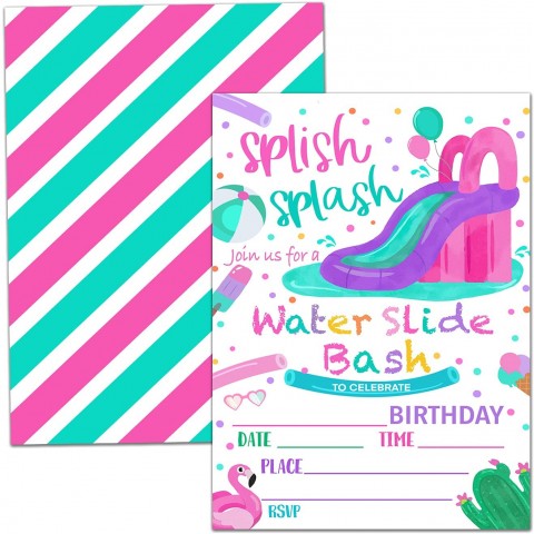 Birthday Party Invitation Cards Outdoor Inflatable Party Celebration Splish Splash Water Slide Bash，Party Supplies Favors 20 Cards With 20 Envelopes – swim03