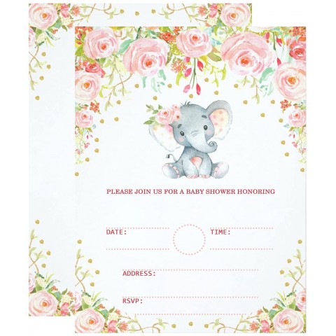 Mocsicka Elephant Baby Shower Invitations for Girl Pink Floral Peanut Baby Shower Invites Elephant Themed Baby Girl Sprinkle Shower Cards 20 Fill in card and Envelopes