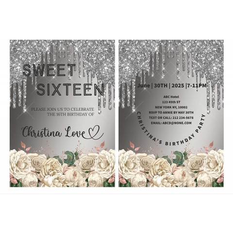 Shop Ginger Wedding Sweet 16 Quinceanera Glitter Drip Flower Double Side Birthday Party Invitation Card Template #07 Silver