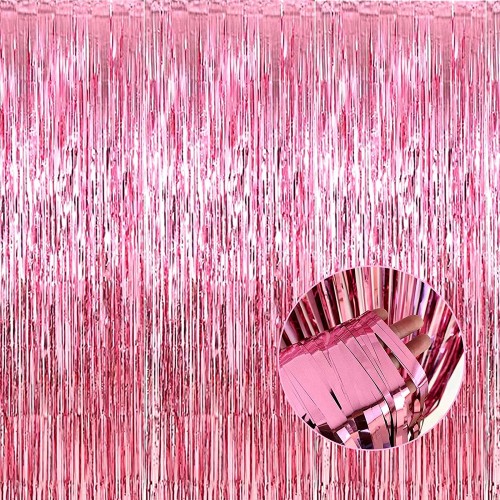 4 Pack Pink Foil Fringe Curtain Backdrop 3.28Ft x 8.2Ft Metallic Tinsel Foil Fringe Streamer Curtains for Party Photo Booth Props Birthday St. Patrick's Day Decoration Supplies