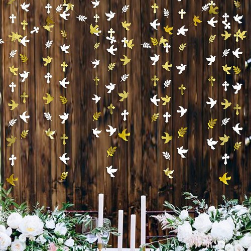 40Ft Gold and White Peace Doves Olive Leaf Cross Paper Garland Streamer for Spring Wedding Bridal Baby Shower Birthday Engagement First Holy Communion Religious Christian Baptism Tea Party Decorations