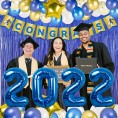 74pcs 2022 Graduation Party Decorations Kit Congrats Banner Blue White Gold Confetti Latex Balloon Arch Garland 2022 Number Star Balloons Curtain for University College High School 8th Class of 2022 Prom Grad Party Decorations Supplies