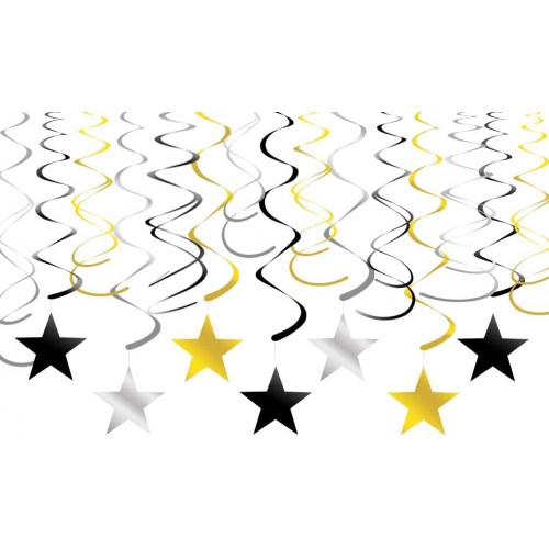Adeer Gold Silver Black Star Hanging Swirl Decorations Stars Streamers Foil Swirls for Ceiling Decorations Graduation Party Supplies Black and Gold Party Decorations Pack of 30