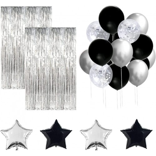 Black and Silver Party Decorations Kit Silver Foil Fringe Curtain Backdrop Black and Silver Balloons Set Black and Silver Birthday Decorations Graduation Party Supplies