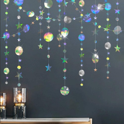 Cheerland Bling Bling iridescent Twinkle Star Garland Streamer Kit for Party Decorations Glitter Metallic Circle dot Garland Glittery Bunting Garlands Banner for Wedding Kids Room Birthday Baby Shower