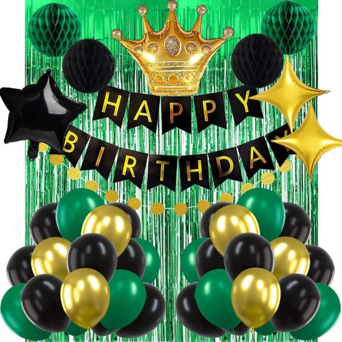 Cooshine Green Birthday Decorations Black Gold and Green Party Balloons Happy Birthday Banner Green Foil Fringe Curtains Birthday backdrop Honeycomb Balls for Men Boy