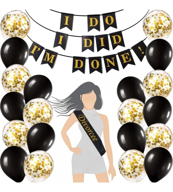 Divorce Party Decorations Kit | 10 Divorce Photo Booth Props | "I Do I Did I'm Done!" Banner | Divorcee Sash | 10 Gold Confetti Balloons and 10 Black Balloons