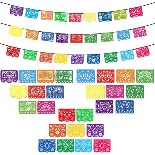 DomeStar Fiesta Banners 3PCS 18FT Fiesta Garland Mexican Banners Plastic Papel Picado Mexican Party Decorations