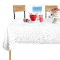 FECEDY 2 Packs 54 x 108inch Disposable Plastic Table Cover Waterproof for Rectangle Tables White Background with Silver dot for Indoor & Outdoor Birthdays Anniversary Buffet Table Party Decorations