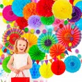 Fiesta Paper Fan Party Decorations Set 24pcs Colorful Paper Fans Hollow Paper Fans Tissue Paper Pom Poms Honeycomb Balls Dot Garland for Fiesta Party Birthday Wedding or Mexican Party