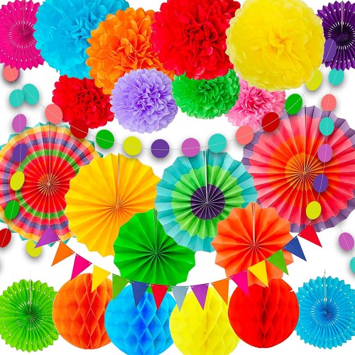 Fiesta Paper Fan Party Decorations Set 24pcs Colorful Paper Fans Hollow Paper Fans Tissue Paper Pom Poms Honeycomb Balls Dot Garland for Fiesta Party Birthday Wedding or Mexican Party
