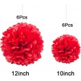 GAKA Red Tissue Hanging Paper Pom Poms,Flower Ball Wedding Birthday Party Decoration （6Pcs 12in Pom Pom & 6Pcs 10in Pom Pom）