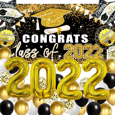 Garaduation Party Decorations 2022 Black and Gold Huge Class of 2022 Decorations Set Congrats Grad 2022 Backdrop 40 INCH 2022 Balloons Numbers for Graduation 2022 Party Supplies Black Gold