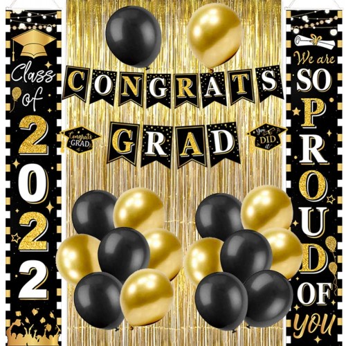 Graduation Decorations 2022 Graduation Party Supplies-Class of 2022 Graduation Porch Sign,Foil Curtains,Congrats Grad Balloons & 16PCS Balloons Graduation Party Decorations