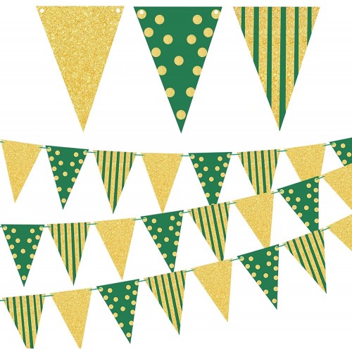 Green Gold Party Decorations Hanging Glitter Paper Triangle Flag Pennant Banner for St. Patrick's Day Graduation Carnival Bachelorette Engagement Wedding Birthday Baby Bridal Shower 24.6Ft