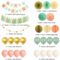 Happy Birthday Decorations for Girls Women Happy Birthday Banner Hanging Paper Fan Honeycomb ball Tissue Pompoms Garland Balloons for Mint Green Gold Peach Birthday Party Decorations Supplies