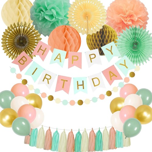 Happy Birthday Decorations for Girls Women Happy Birthday Banner Hanging Paper Fan Honeycomb ball Tissue Pompoms Garland Balloons for Mint Green Gold Peach Birthday Party Decorations Supplies