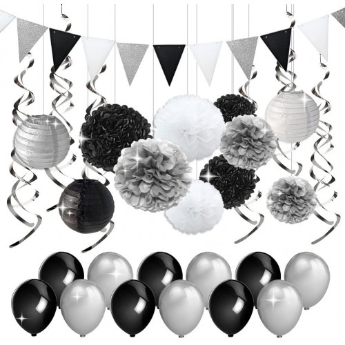 KREATWOW Black and Silver Party Decorations Tissue Paper Pom Poms Paper Lanterns Pennant Banner Swirls Pack for Birthday Party Bachelorette Retirement Graduation Decorations
