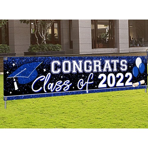 Large Congrats Grad Banner Blue Class of 2022 Banner Backdrop Graduation 2022 Yard Sign for Graduation Party Supplies Graduation Decorations 2022Blue