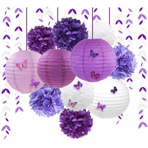 Lavender Party Decorations Kit Purple White Lanterns with Flowers Pom Pom with 3D Butterfly Stickers and Leaf Garland for Lilac Wedding Engagement Bridal Shower Birthday Bachelorette Baby Shower Party