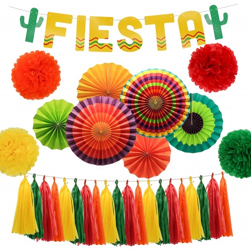 Meiduo Fiesta Party Supplies Mexican Party Decorations Paper Fans Pom Poms Flowers Tassel Garlands for Tropical Hawaiian Party Bachelorette Birthday Taco Bar Decoration