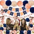 Navy Rose Gold Birthday Decorations 61 Pieces Balloon kit with foil Balloons,Flower Pompoms,Round String Suit for 1st 16th 21th 25th 30th 35th 40th Women Grils Navy Rose Gold Birthday Party1