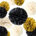 NICROLANDEE Black Gold Party Decorations 12 PCS Black Gold White Tissue Paper Pom Poms for Wedding Birthday New Years Eve Party 2022 Graduation Décor Bridal Shower Prom Festival Decorations