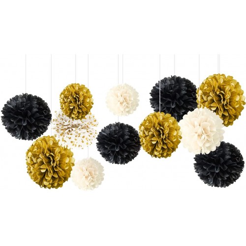 NICROLANDEE Black Gold Party Decorations 12 PCS Black Gold White Tissue Paper Pom Poms for Wedding Birthday New Years Eve Party 2022 Graduation Décor Bridal Shower Prom Festival Decorations