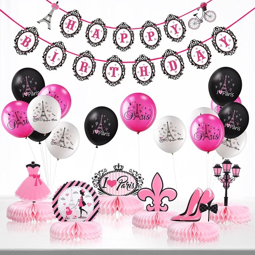 Paris Party Decorations Set Pink Paris Happy Birthday Banner I Love Paris Honeycombs Centerpieces Eiffel Tower Balloons Decor for Paris Birthday Party Glamour Girl Party Baby Shower Supplies