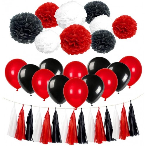 Red Black Party Decorations Kit Tissue Paper Pom Poms Tissue Paper Tassel Balloons Party Supplies for Birthday Baby Shower Bachelorette Party Festivals Carnivals Graduation