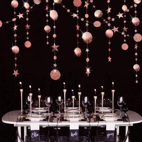 Rose Gold Circle Dot Garland Streamer Kit for Twinkle Star Party Decoration Glitter Reflective Paper Hanging Bunting Banner Backdrop Background for Wedding  Baby Shower Christmas Birthday Prom Wedding
