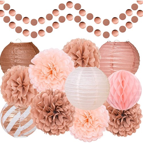 Rose Gold Party Decorations Tissue Pom Poms Paper Lanterns Honeycomb Ball Paper Circle Dots Garlands 13 Pcs Hanging Party Supply Set for Wedding Bridal Shower Baby Shower Birthday Rose Gold