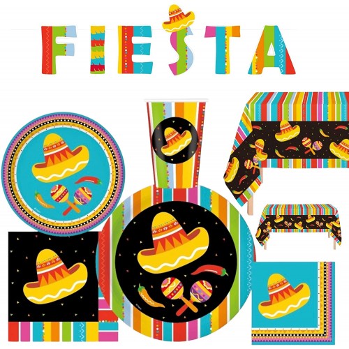 Serves 30 Complete Party Pack Fiesta Party Supplies 9" Dinner Paper Plates 7" Dessert Paper Plates 12 oz Cups 3 Ply Napkins Fiesta Themed Party Supplies