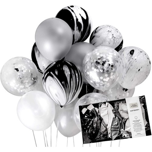 Silver Black Agate Party 12 inch Confetti Balloon Decoration Marble Foil Thick 22pcs for Wedding Bachelor Birthday Party Photobooth Backdrop