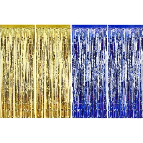 Sumind 4 Pack Foil Curtains Metallic Fringe Curtains Shimmer Curtain for Birthday Wedding Party Christmas Decorations Blue and Gold