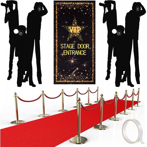 Vip Stage Door Entrance Door Cover Accessory Paparazzi Props Party Accessory and 2.6 x 15 ft Red Carpet Runner Rug 55 Gsm Thickness with Carpet Tape for Glamorous Movie Theme Party Decoration Supplies