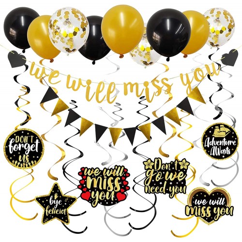 We Will Miss You Party Supplies Decorations Gold We Will Miss You Banner Triangle Flag Banner Hanging Swirls Balloons for Going Away Graduation Retirement Office Leaving Farewell Goodbye Party Decorations