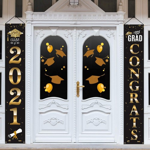 Whaline Graduation Hanging Banner Graduation Porch Sign Backdrop Congrats Graduation Party Decorations for Home School Wall Door Yard Apartment Black Gold and White